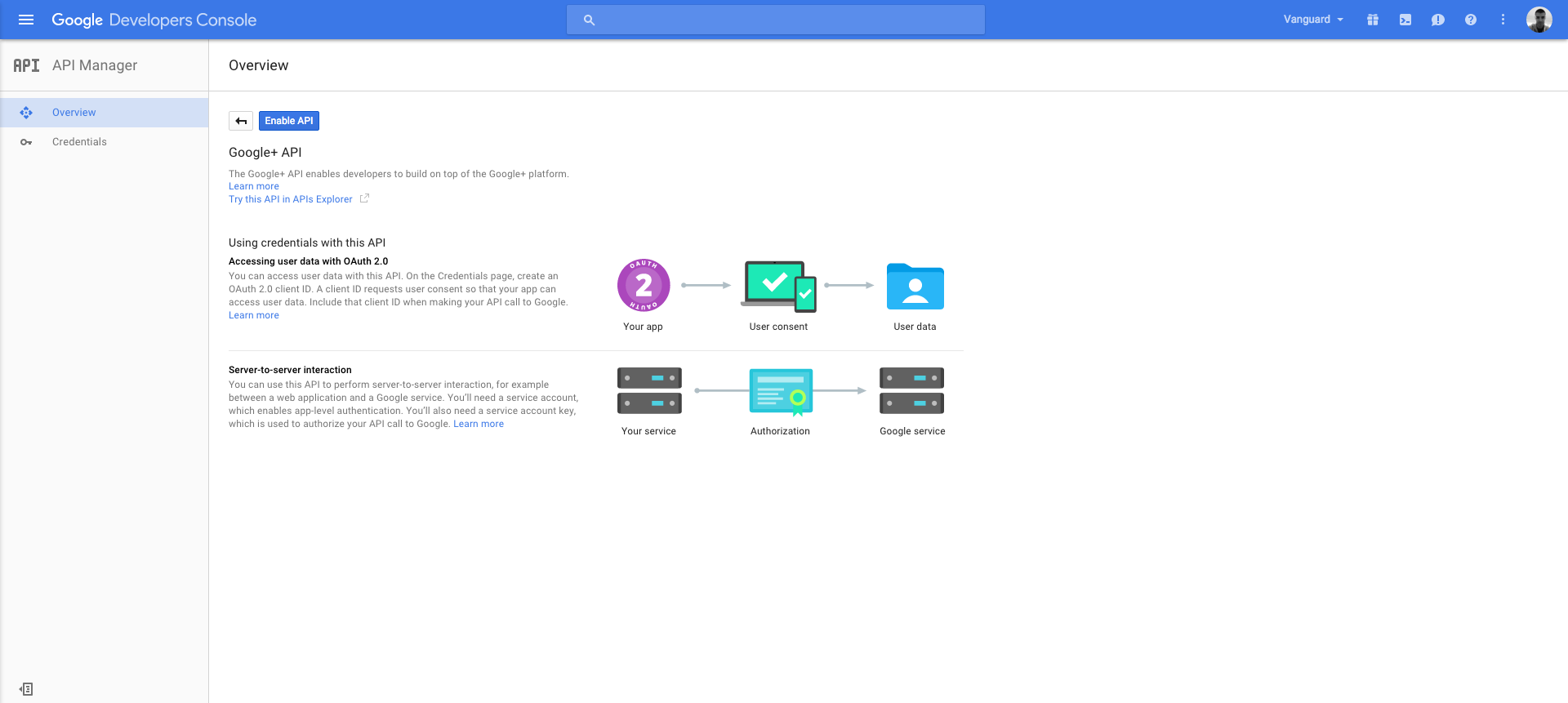 Vanguard Social Authentication - Enable Google+ API