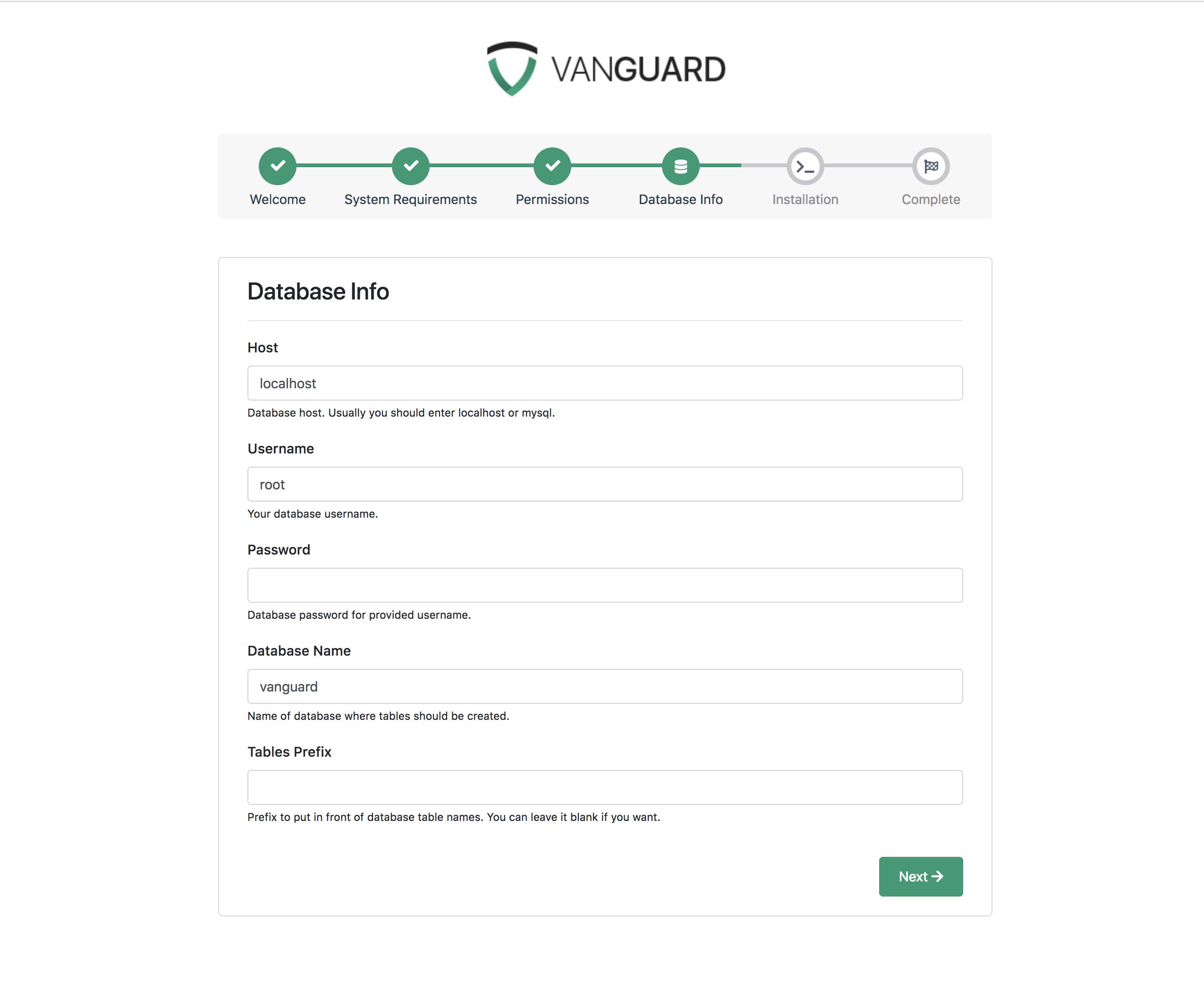 alt Vanguard Installation - Database Credentials